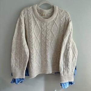 ANTHROPOLOGIE Cream Cable Knit Mixed Media Sweater, size Large